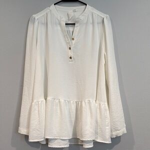 Ady P White Babydoll Long Sleeve Quarter Button Blouse with Ruffle - Size Medium